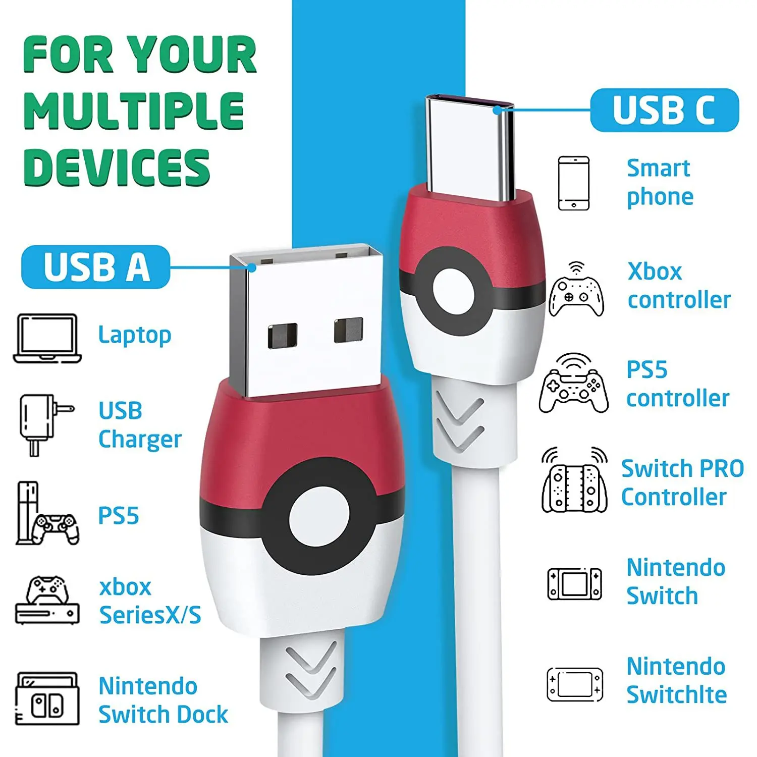 Pokemon Pikachu USB Extension Cable USB for Nintendo Switch