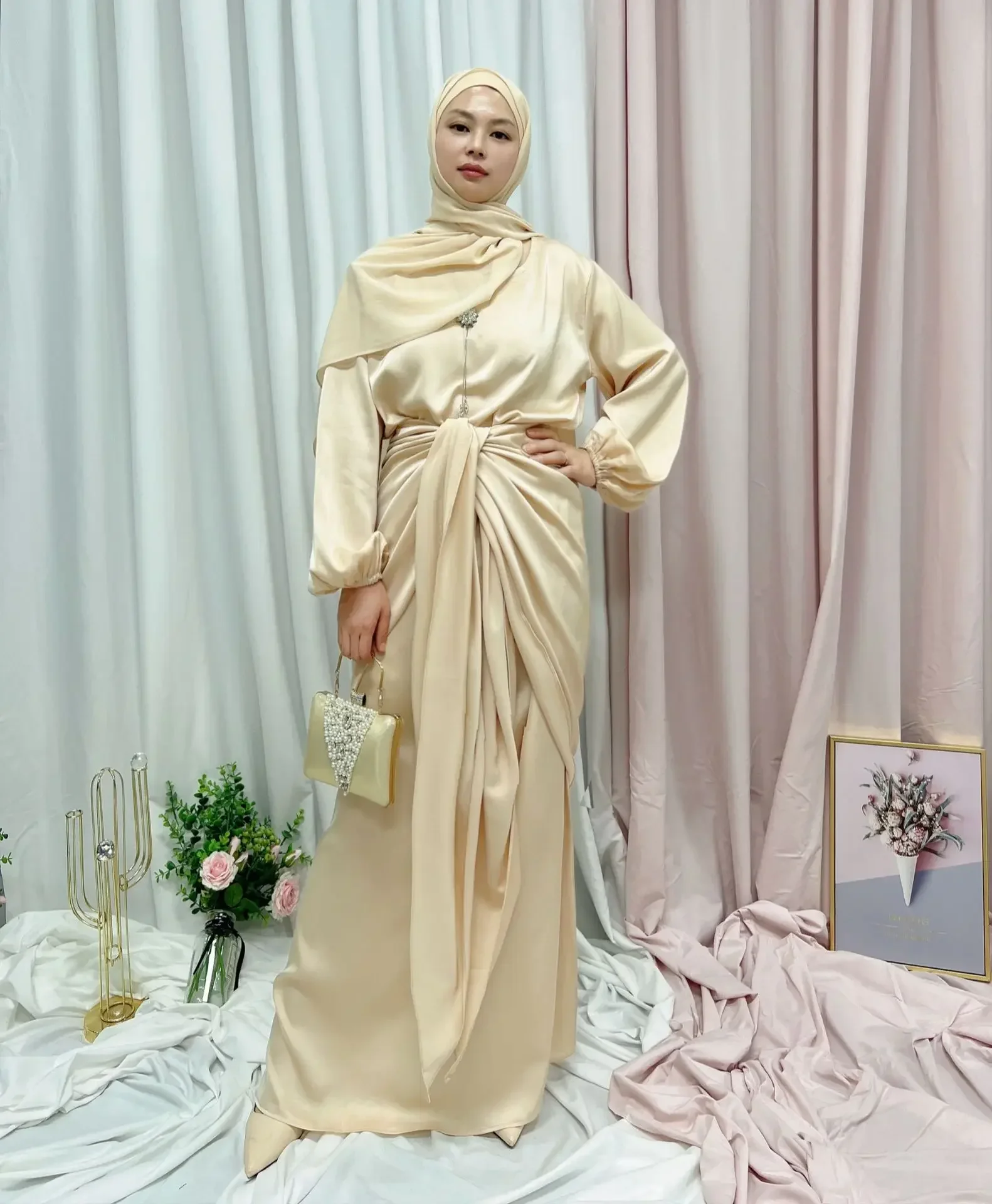 2 Piece Satin Under Abaya Dress with Wrap Front Skirt Long Hijab Inner Dresses for Muslim Women Dubai Ramadan Islamic Clothing
