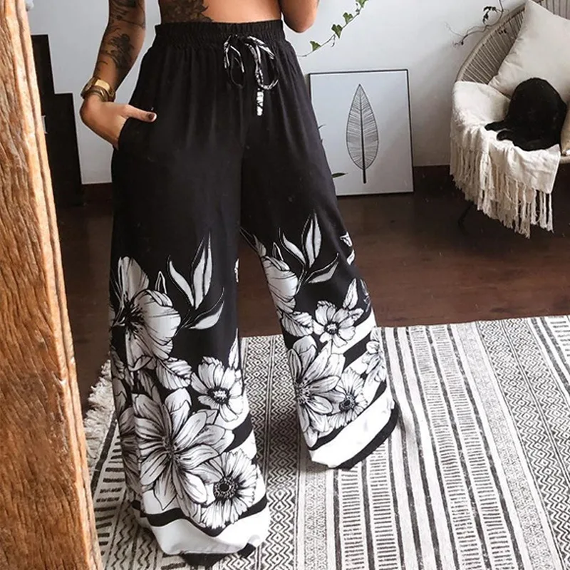 Printed Sexy Chest Top Loose Wide Leg Pants 2 Piece Set  Women's Summer Cool Pants Printed Suit  Street Photo Holiday Ladies