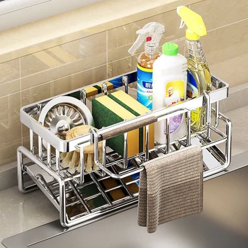 Mensola da cucina in acciaio inossidabile, scolapiatti in spugna, scolapiatti per lavello, forniture per lavare i piatti, stoccaggio dei strofinacci, scolapiatti 1