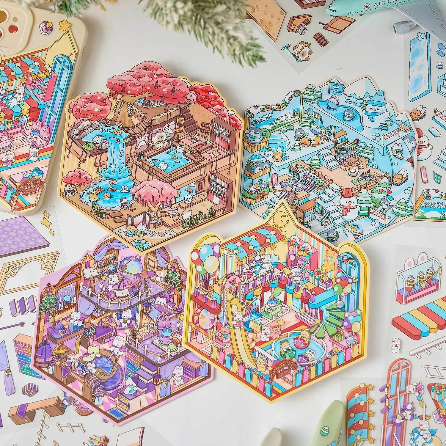 Cartoon Rabbit Animal 3D Landscaping Stickers DIY Miniature Scene Cabin Scene Stacking Pasting Scrapbook Gift for Kid Child