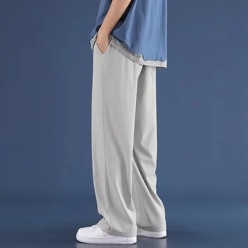 Solid Color Elastic Waist Ice Shreds Men Summer Simplicity Hong Kong Winds Loose Large Size Sagging Sensation Wide Legs Trousers
