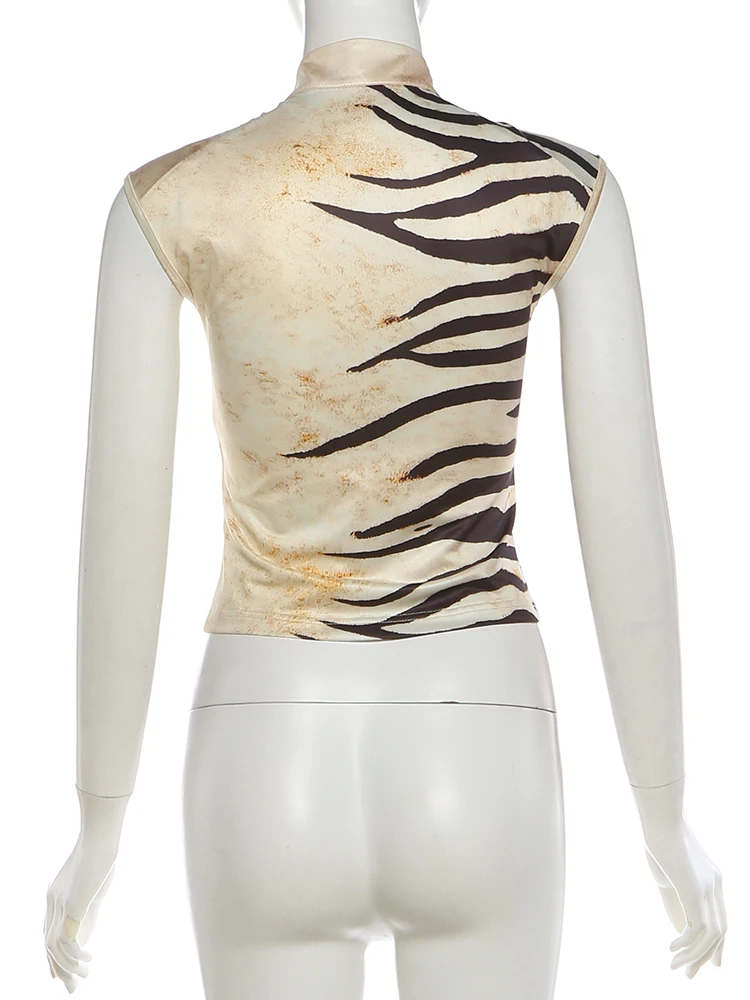 Sisterlinda Hollow Tassel Vest Damen Stehkragen Tiger Print Bandage Hip-Hop-Stil Sexy Sommer Wild Street Fashion Slim Tops – Detail 4