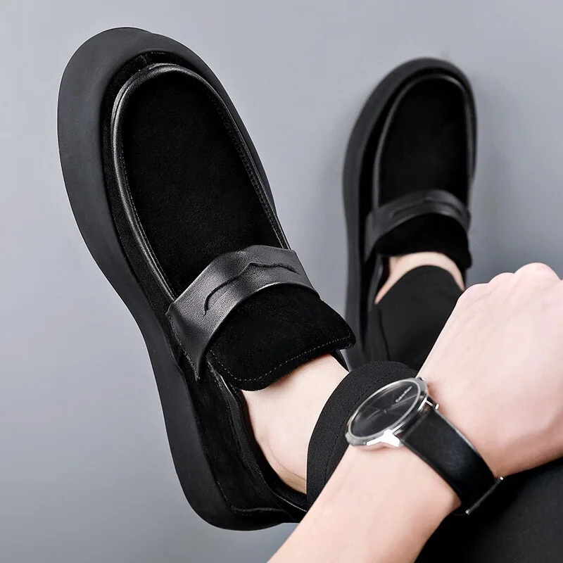 

British style mens shoes luxury fashion slip-on lazy shoe black tide cow suede leather loafers breathable flat platform footwear