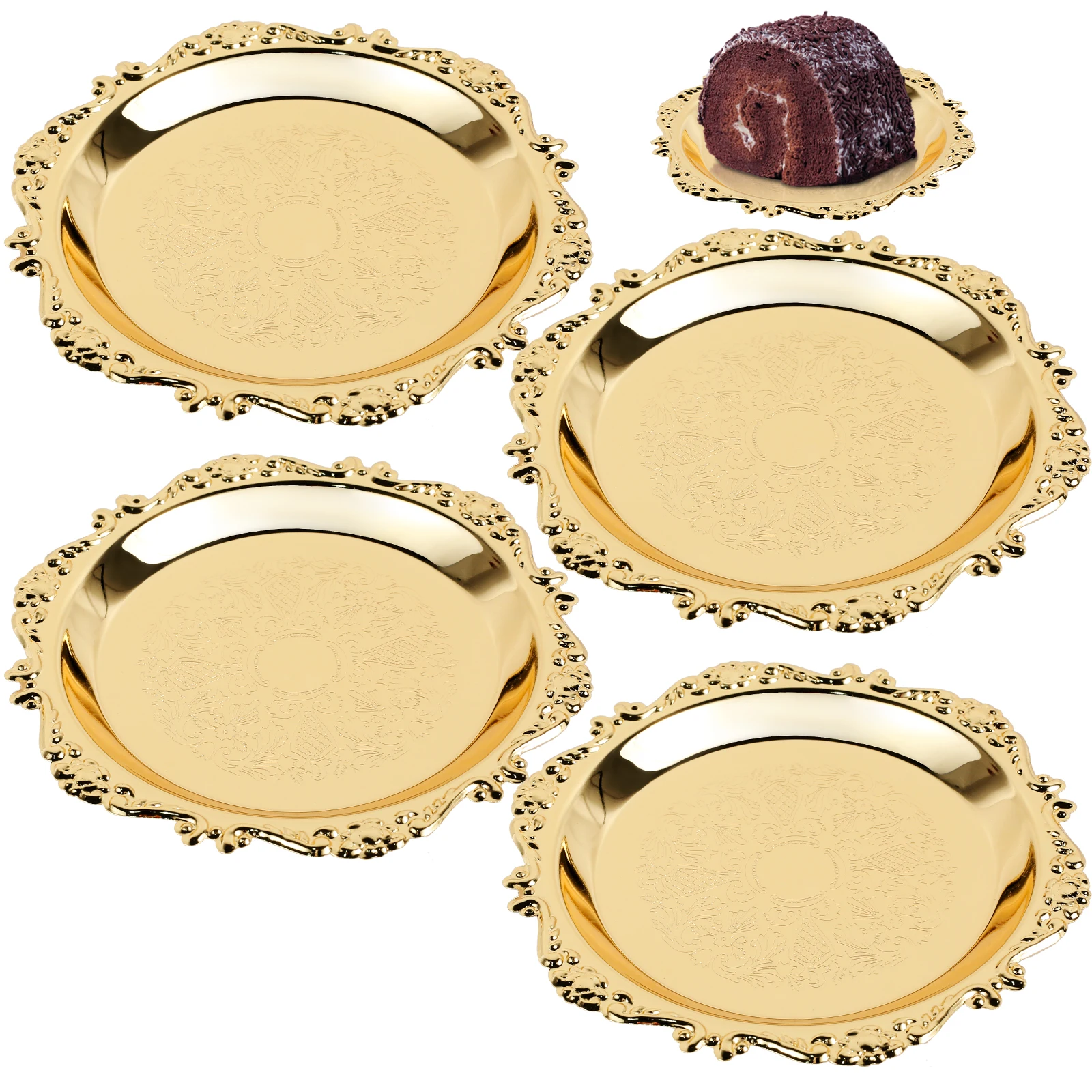 4Pcs Golden Tray Dipping Saucer Metal Exquisite Plate Dish Key Tray Food Drinks Snack Coffee Cup Coasters Dining Table Decor