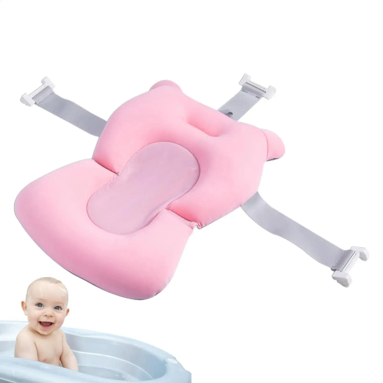 Adjustable baby bath cushion with safety buckles, foldable tub mat for infant bathing.