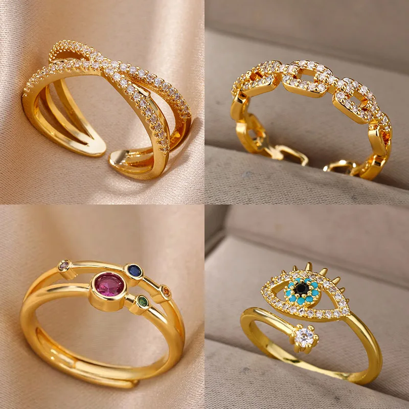 Zircon Round Stone Rings Stainless Steel Gold Color Finger