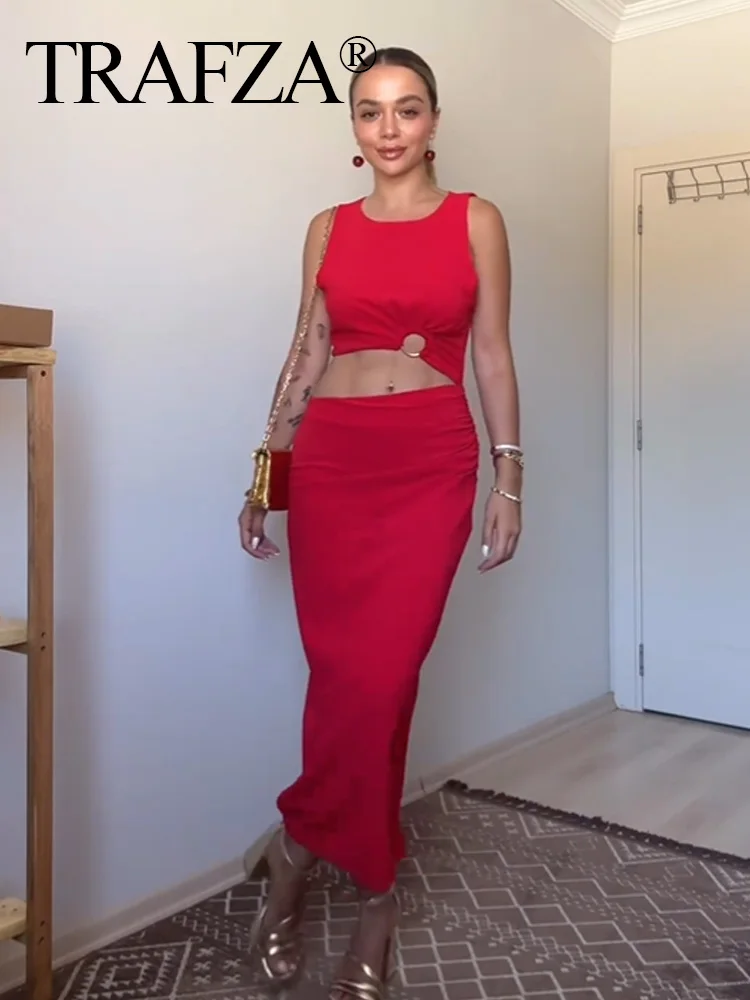 

TRAFZA Women Fashion Red Dress O-Neck Sleeveless Waist Hollow Out Slim Midi Dress Chic Sexy Party Vintage Woman Evening Dress