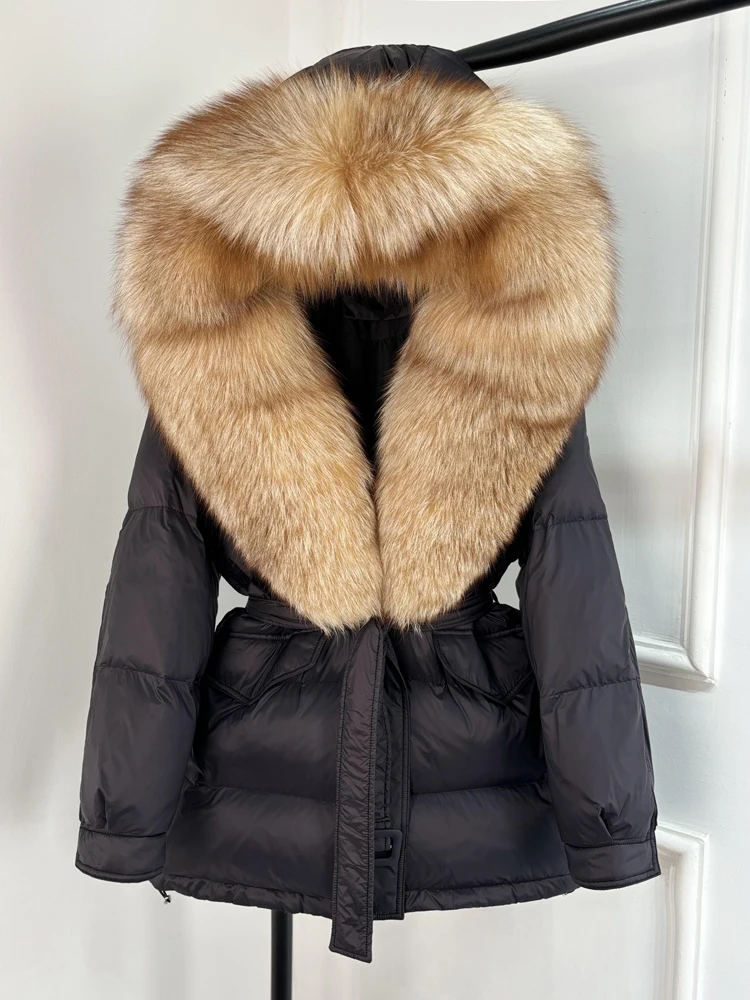 Lagabogy 2025 Thick Warm Mid-Long Puffer Coat Real Fox Fur Collar White Duck Down Coat Female Loose Warm Hooded Parkas With Belt