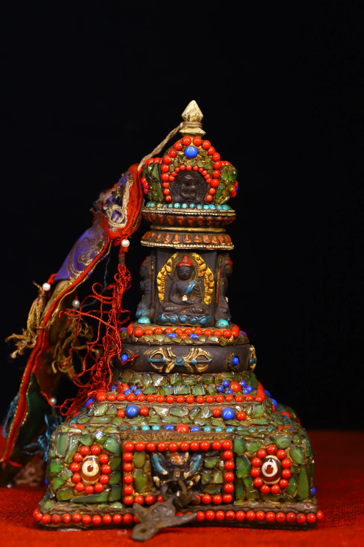 

9"Tibetan Temple Collection Old Bronze Cinnabar Mosaic Gem gZi Beads Shell Sakyamuni Buddha Pagoda Stupa Worship Hall Town house