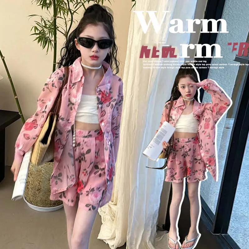 

JUCPKID 2024 Summer Junior Girl 2PCS Clothes Set Children Girl Flower Printed Long Sleeve Shirt+Shorts School Girl Clothing Set