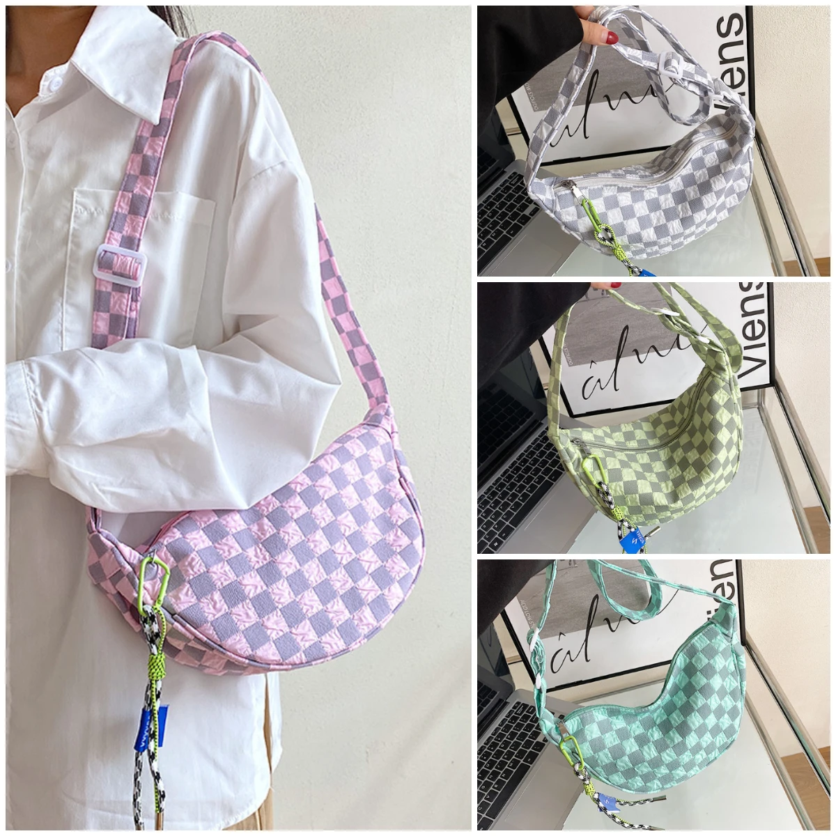 

Модная клетчатая сумка через плечо для женщин, милая Повседневная Большая сумка-хобо с полумесяцем, нейлоновая простая дамская сумочка для девушек, кошелек