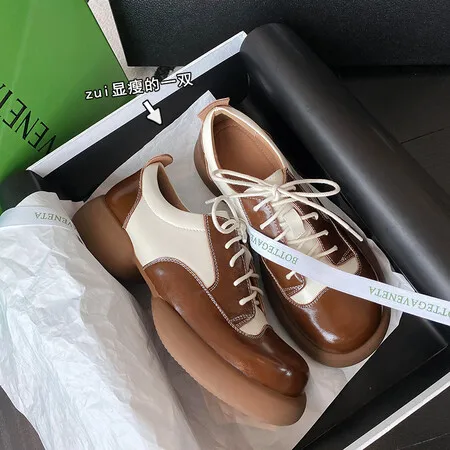 2024 Spring New Genuine Leather Single Shoes Women's Shoes Round Toe Lace Up Block English Style Low Heel Small Leather Shoes