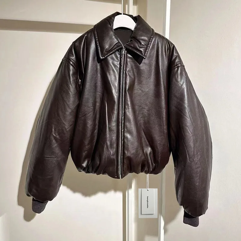 

Same Style 2023 Autumn/Winter New Brown Polo Collar Long Sleeve Leather Short Cotton Coat