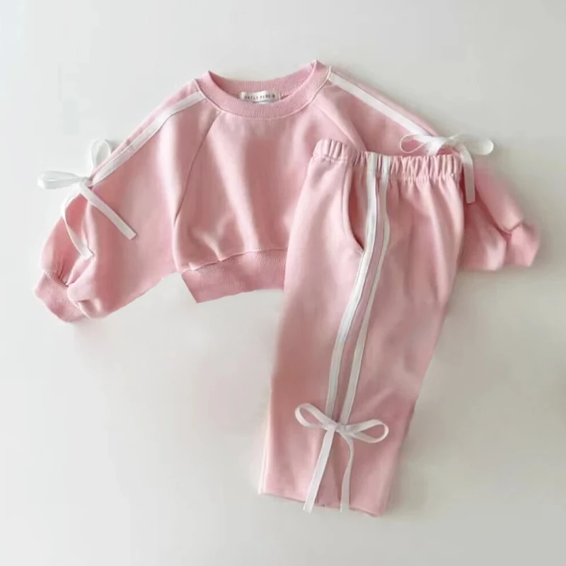 Girls Korean version Spring New Long Sleeve Clothes Set Baby Girls Bow patchwork pure cotton Casual 2pcs Suit Kids Sports Outfit 3