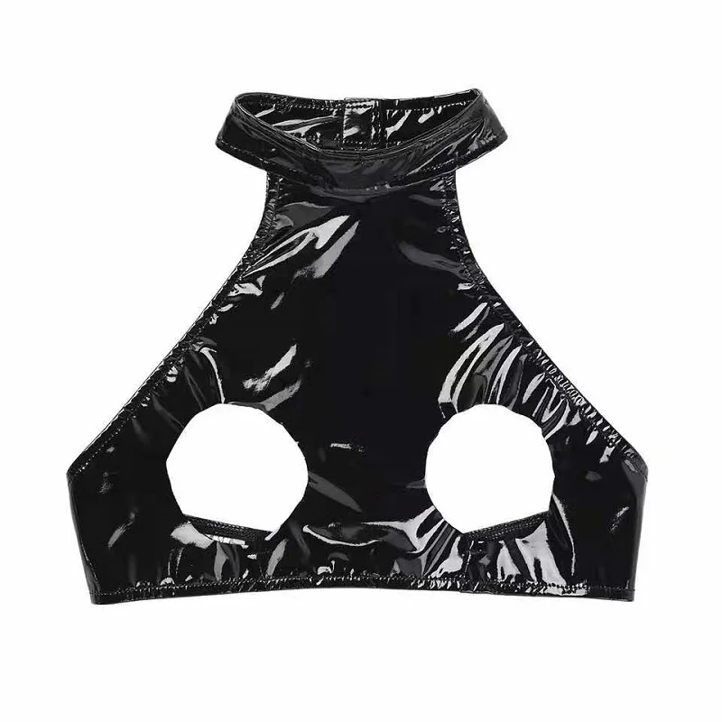 Women PVC Bra Halter Backless Wetlook Fetish Latex Open Chest Bralette Babydoll Underwear Nightwear Tanks