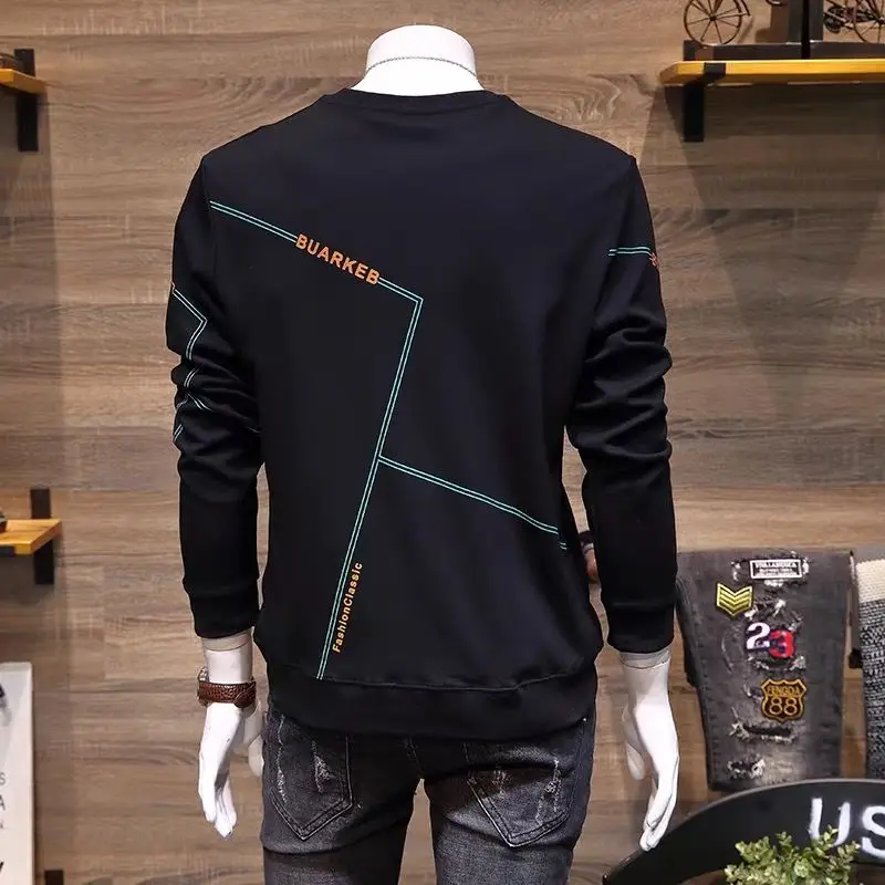 Men Clothing Autumn Winter Korean Fashion Print Fleece Warm Sweatshirt Round Neck Long Sleeve Loose Pullover Tops Casual Hoodies 2