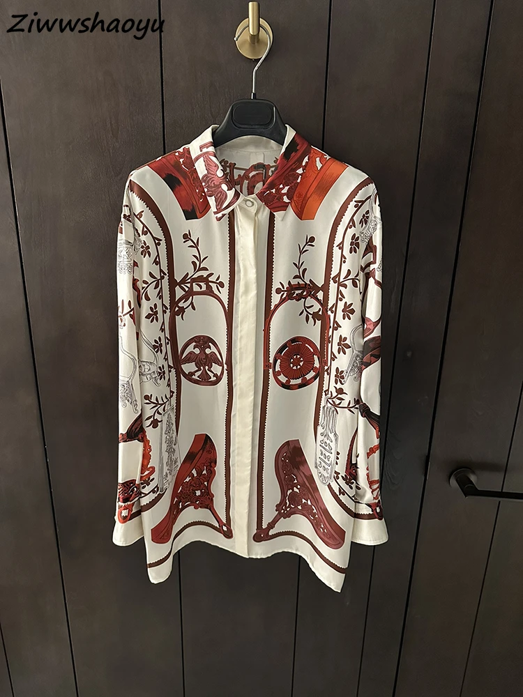 

High Quality Summer Women Fashion Runway Designer Vintage Printed Lantern Long Sleeve Real Silk Single Breasted Loose Shirts