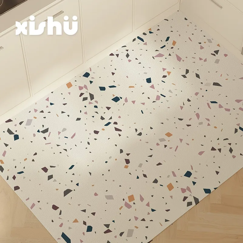 White Kitchen Floor Mat Terrazzo Marble Waterproof Oil-proof PVC Leather Carpets Large Area Home Balcony Rugs Tapete De Cozinha