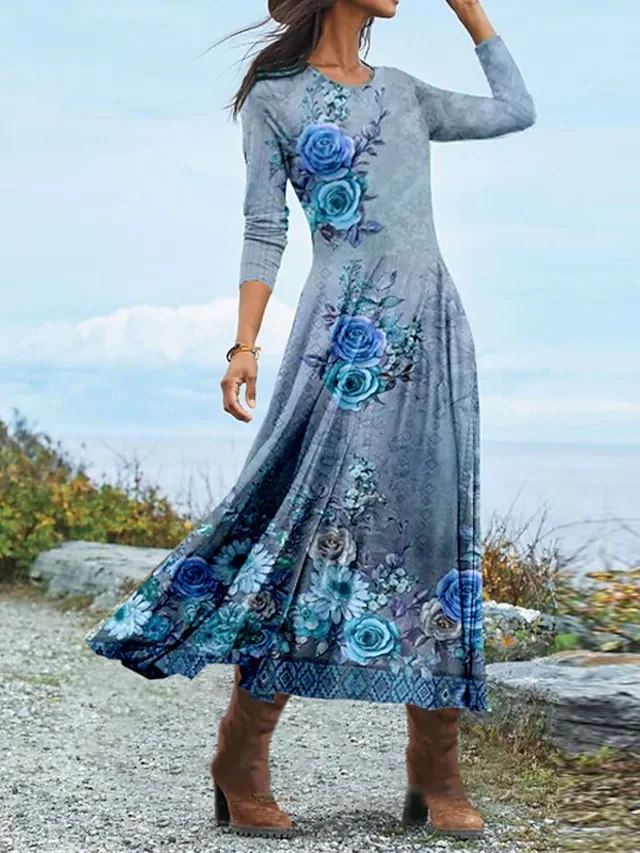 

2023 Autumn Bohemian Retro Dresses For Women Casual Round Neck Women's Floral Print Dress Elegant Slim Fit Chic Party Dress