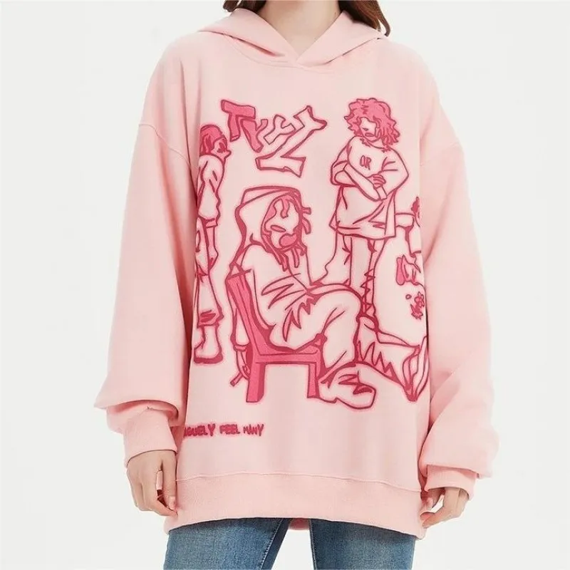 Y2k Pink Hoodie Women Funny Cartoon Graphic Sweatshirt Harajuku Pullover Hip Hop Hipster Autumn Grunge Streetwear Hooded Coat hip hop americana hipster bat foam print padded hooded sweatshirt hoodie