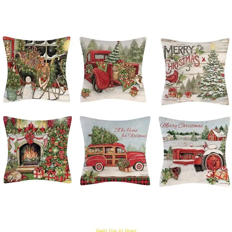 

Christmas Farmhouse Linen Throw Pillow for Case Vintage Cartoon Xmas Vintage Scene Patterns Holiday Decorative Cushion C