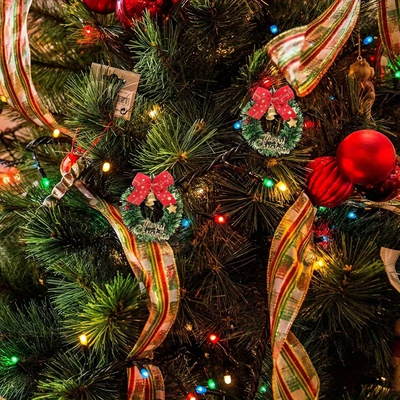 10/20 Stück Mini-Weihnachtskränze mit roten Schleifen und goldenen Glocken – Weihnachtsdekoration aus Kunststoff für mehrere Gelegenheiten – künstliches Basteln – Detail 8