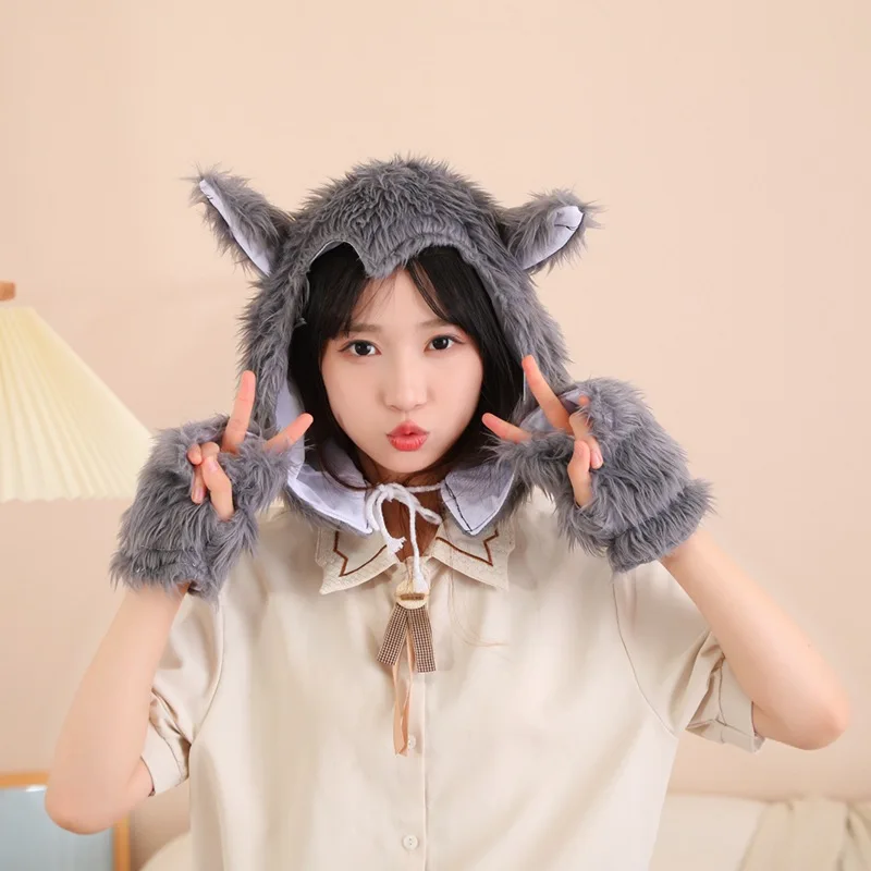 Halloween Gray Wolf Hats With Gloves Set Men Women Funny Headwear Festival Carnival Party Animal Cosplay