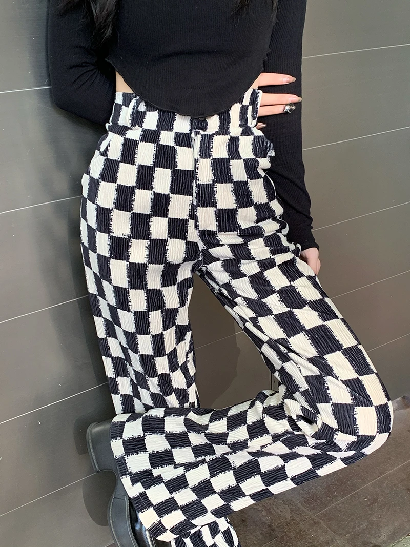 joggers Women's Checkerboard Wide Leg Pants Straight Casual Mopping Flare Pant Streetwear Pantalones De Mujer Bell Bottom Gothic wide leg pants