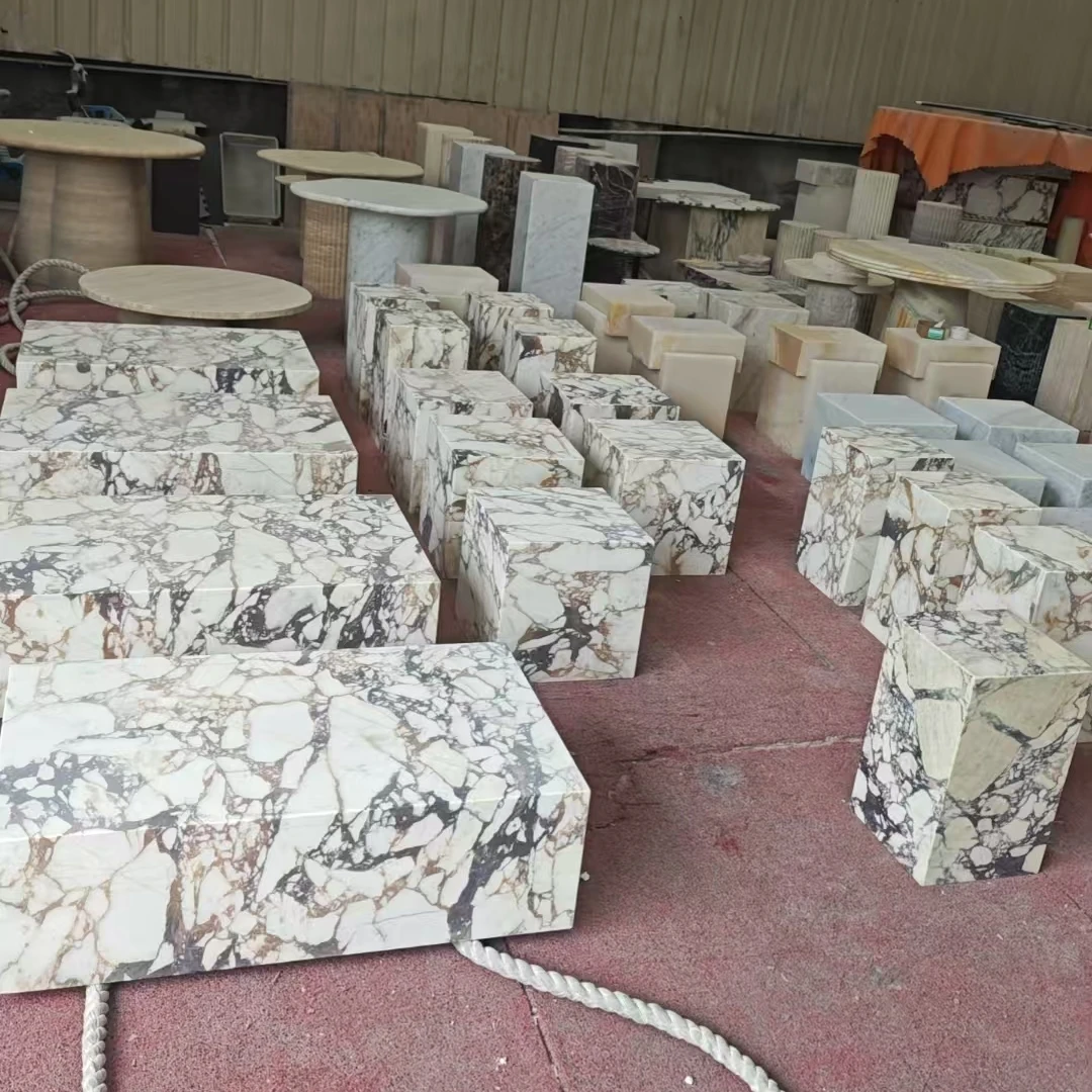 Calacatta Viola Natural Marble Square Column Pillar, Model Villa Living Room Art Italian Luxury Stone Side Tea Desk