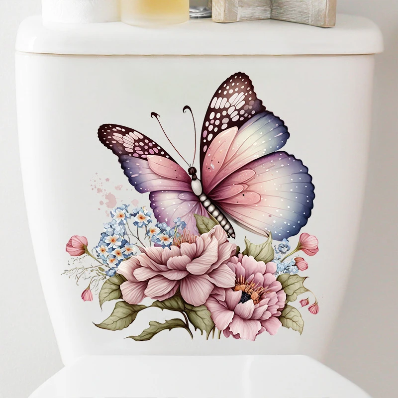 Butterflies Plants Flowers Toilet Stickers Waterproof Bathroom Toilet Decor Decals Living Room Cabinet Decor Self Adhesive Mural
