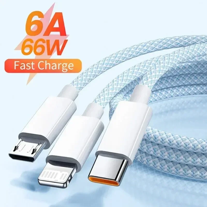 6A 3 in 1 USB 타입 C 케이블 66W 초고속 충전 케이블 화웨이 샤오미 삼성 OPPO 아이폰용 라이트닝 데이터 케이블 1.2/2/3M