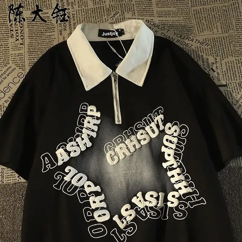 

American vintage stars polo collar short sleeve T-shirt men's and women's loose port style vintage half zip couple top