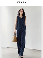 VIMLY Women Casual Pants Set 2025 Summer Office Vest Top+Straight Leg Pants Women's Simple Suit Formal 2pcs Set Commuting Outfit 1