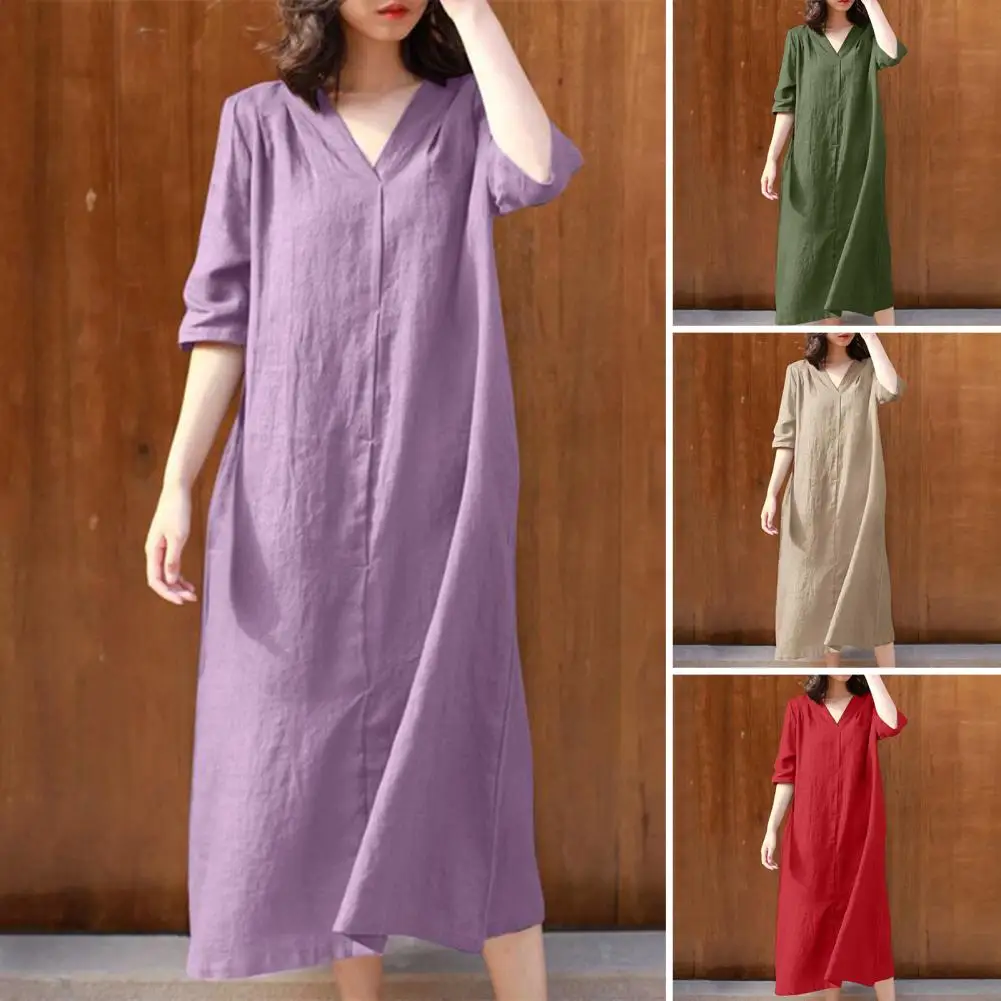 

Women Loose Waistline Dress Elegant V Neck Midi Dress for Women Soft Breathable Summer Dress Commute Outfit with Half Sleeves