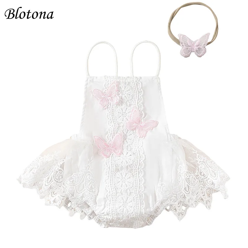 

Blotona Newborn Girl Outfit, Sleeveless Tulle Patchwork Butterfly Romper Dress with Hairband Summer Clothes 0-24Months