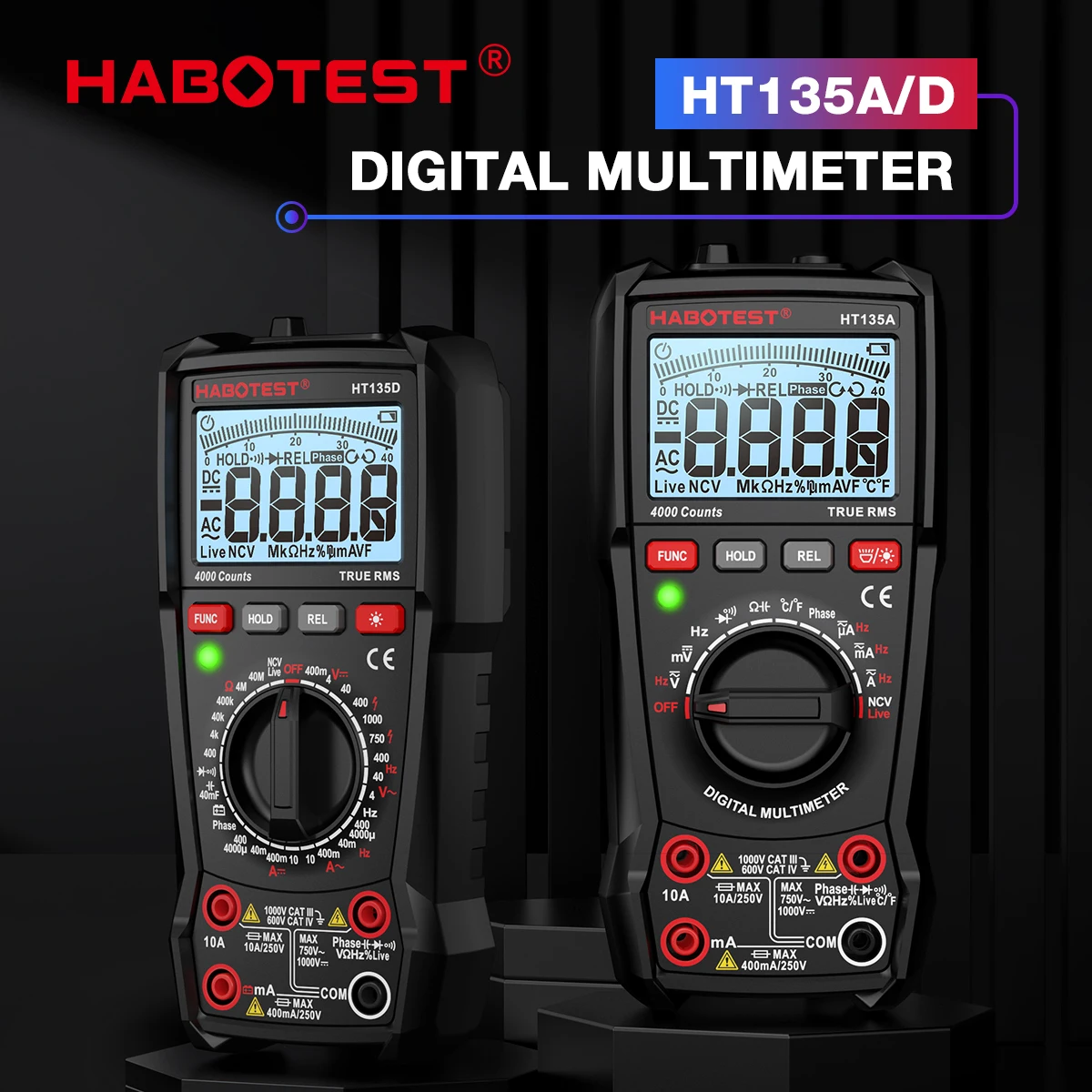 

Цифровой мультиметр HABOTEST HT135, 1000 В, 10 А, 4000 отсчетов, тестер транзисторов переменного/постоянного тока, электрический тестер бесконтактного напряжения, профессиональный мультиметр