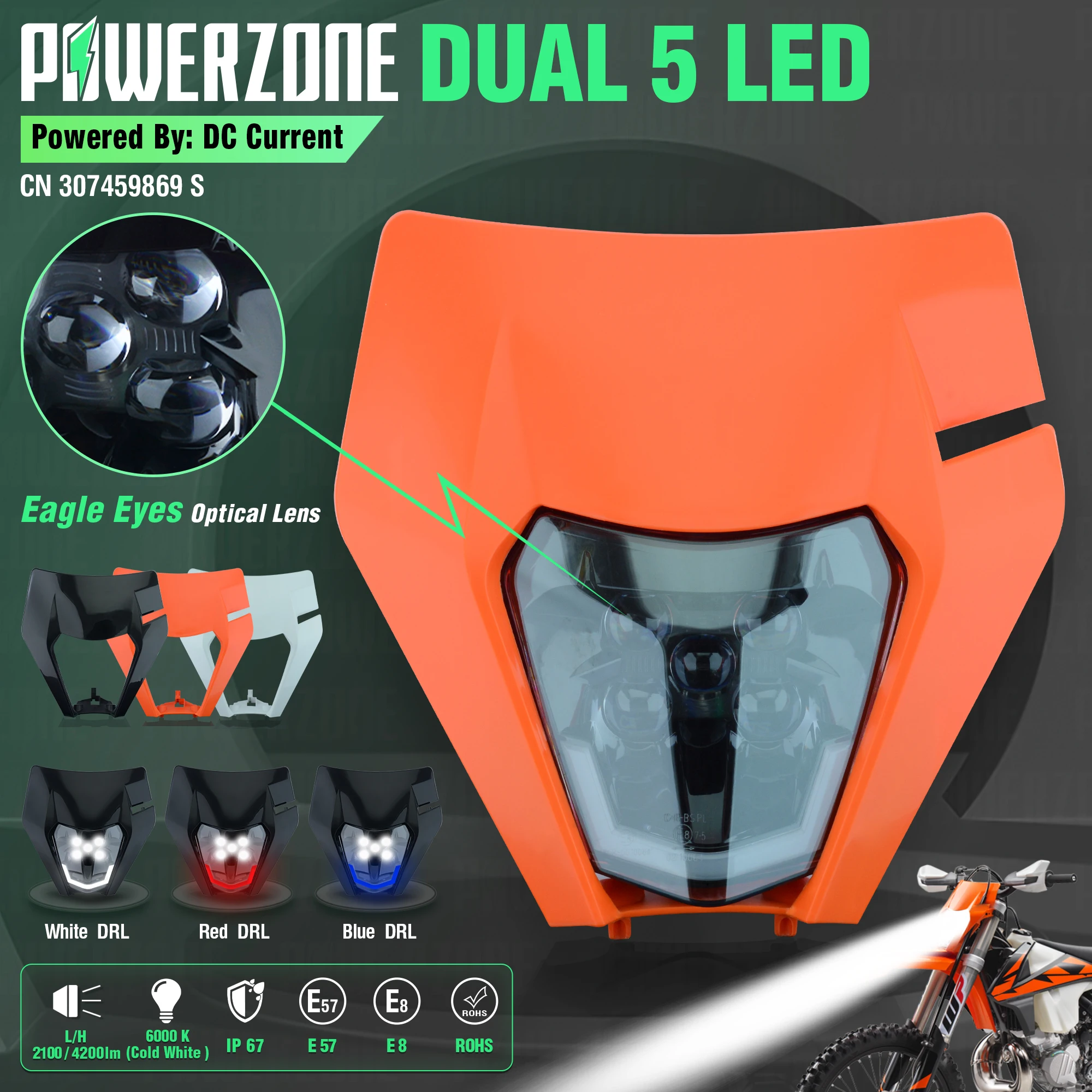 

PowerZone Motorcycle LED Headlight Headlamp Head Light Supermoto Fairing For KTM EXC SXF MX Dirt Bike Enduro LED Headlights