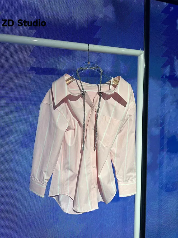 

[ZD Studio] 2023 Spring/Summer New Shirt With Diamond Strap Hanging Neck Stripe Casual Loose Shirt Gentle Style Top For