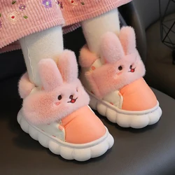 Children's Winter Slippers Hook & Loop Warm Waterproof Cute Cartoon Rabbit Boys Girls Indoor House Fur Shoe Fluffy Slippers