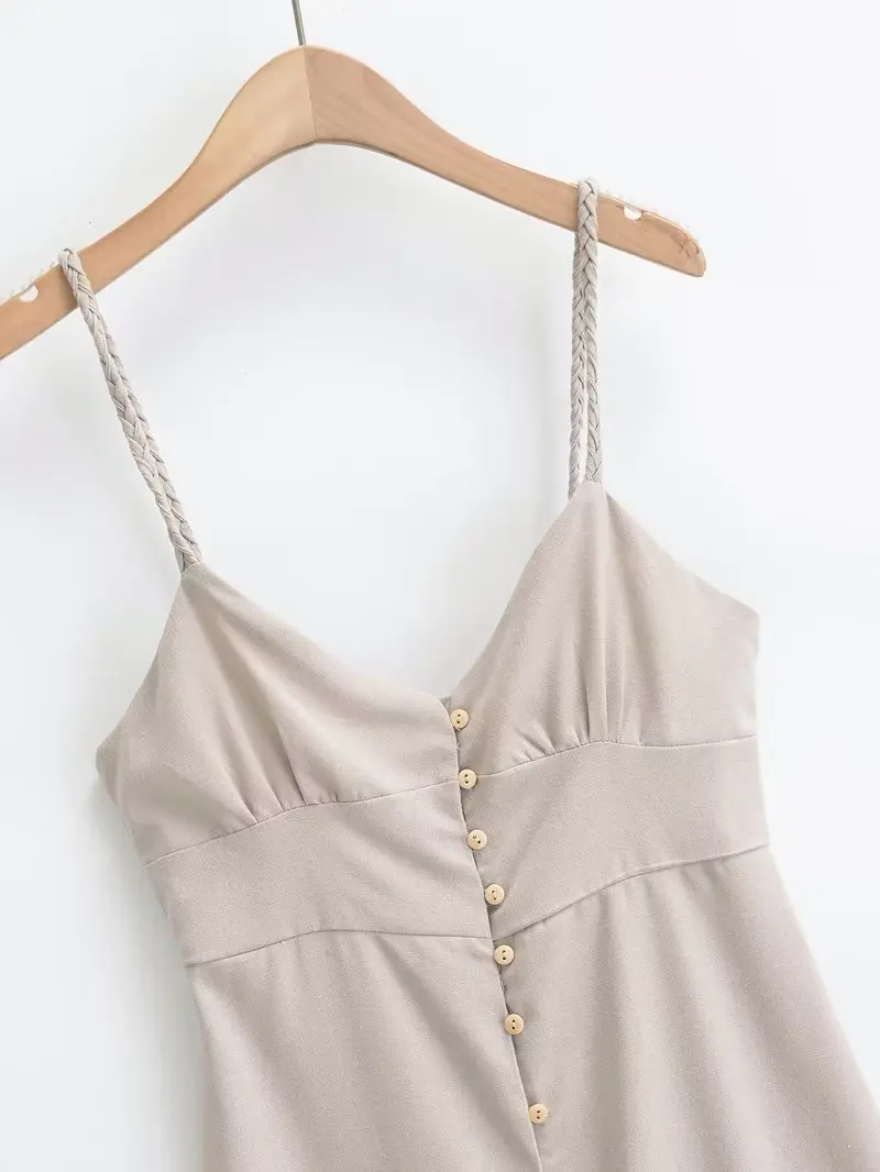 Linen Dress Women Strapless V Neck Solid High Quality Midi Vintage Chic And Elegant Y2k Sundress Women's Dresses