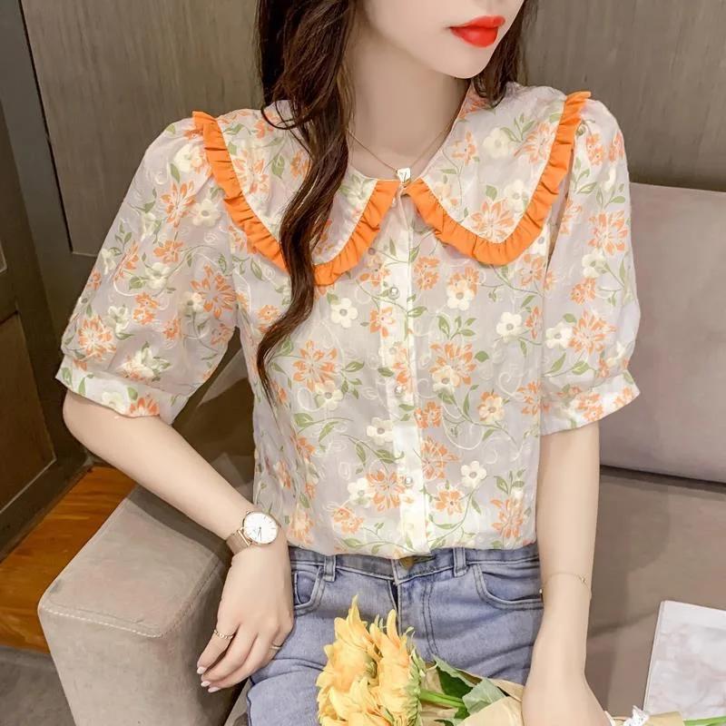 

Женская шифоновая блуза с коротким рукавом-фонариком и воротником «Питер Пэн»