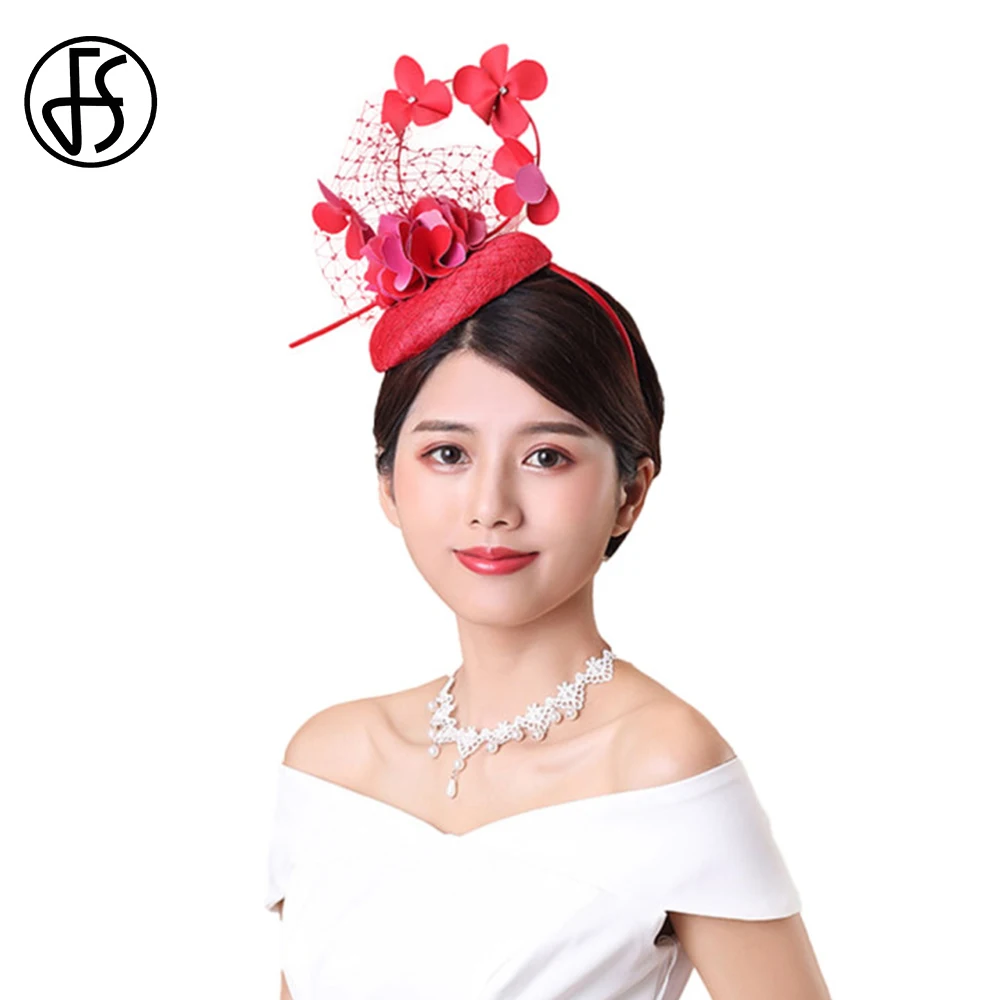 FS Fascinators Red Derby Hat For Women Sinamay Elegant Church Headband Veil Flower Millinery Wedding Party Dress Kentucky Cap 1