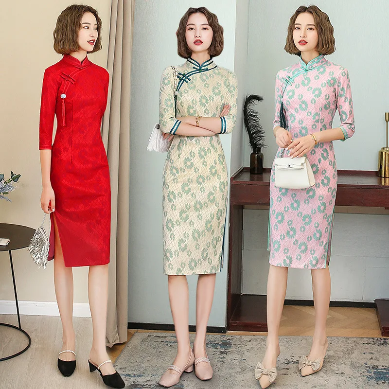 

Lace Three-quarter Sleeves Cheongsam Chinese Traditional Style New Daily Temperament Improved Midi Qipao Dress for Young Girls