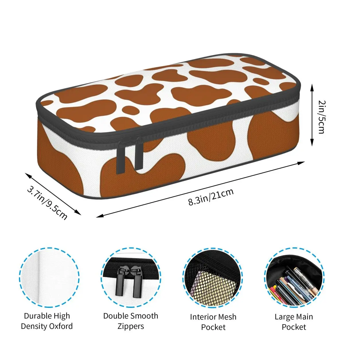 귀여운 갈색 점무늬 소가죽 연필 케이스, 대용량 필통, 어린이용 문구 보관함