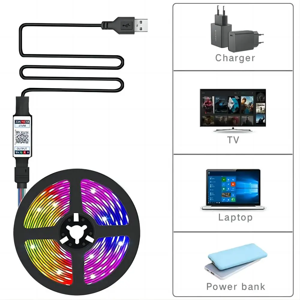 RGB 5050 LED 조명 스트립, 블루투스 앱 지능형 제어, USB LED 유연한 리본 다이오드 테이프, TV 백라이트 방 장식