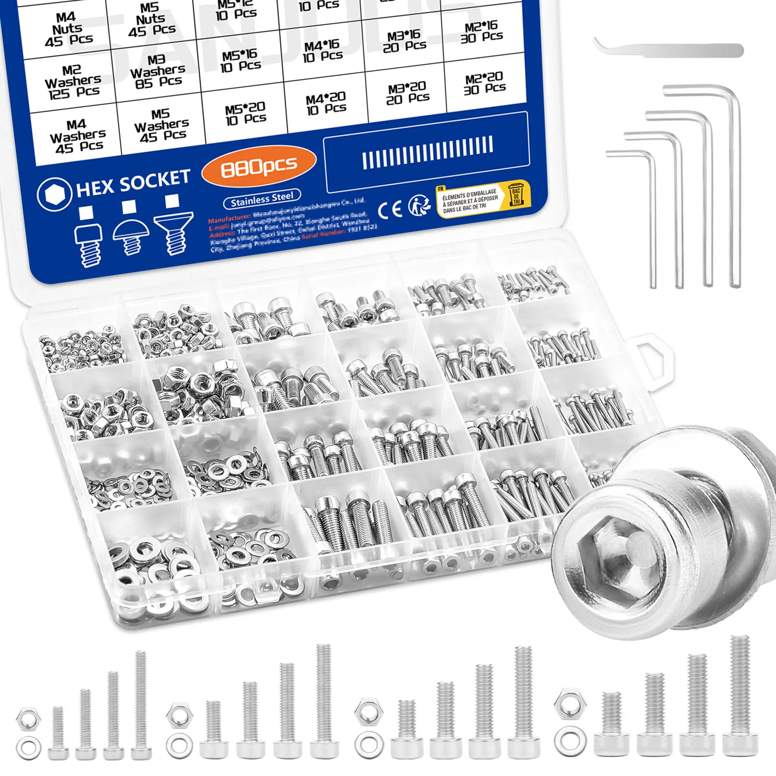 Stainless Steel Screws Screw Bolt Nut Set Hex Nuts Assortment Kit Screw Washer Nut Kit Hexagon Socket Head Cap Screw 880 Metric Bolt Assortment M2 M3 M4 M5 Screws Nuts Washers 8mm-20mm