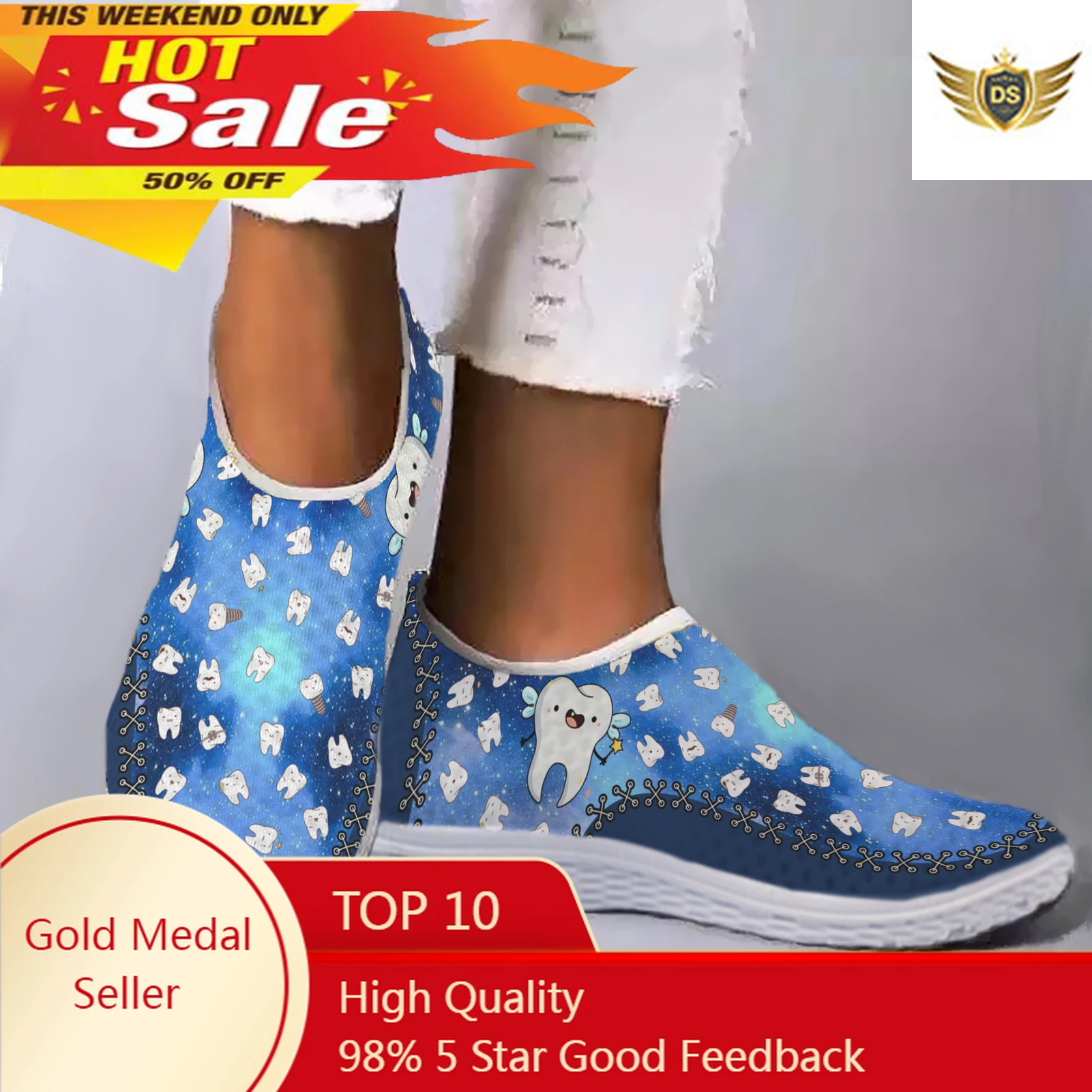 Blue Star Cartoon Teeth Design Lightweight Breathable Mesh Shoes Soft Comfortable Apartment Shoes Walking Shoes