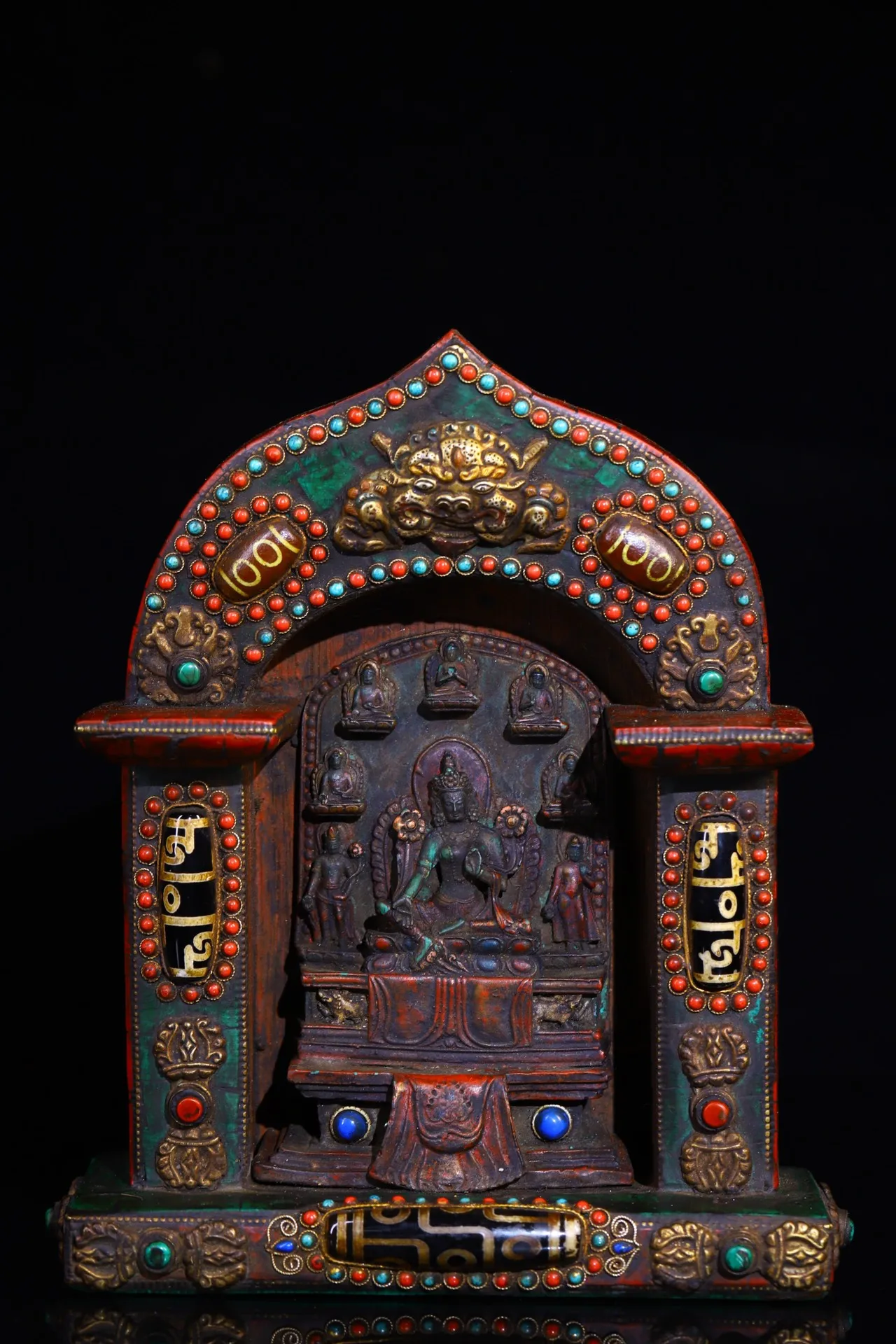

9"Tibet Temple Collection Old Bronze Mosaic Gem gZi Beads Painted Green Tara Buddha Buddhist Niche Worship Hall Town house