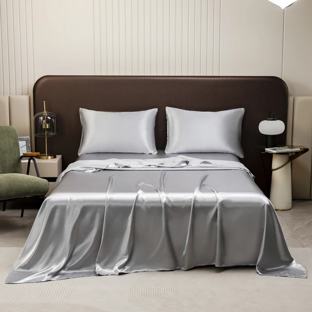 Ensemble de draps et taies d'oreiller en Satin de couleur unie, ensemble de literie luxueux avec un drap soyeux, taille Twin/Full/Queen/King 3